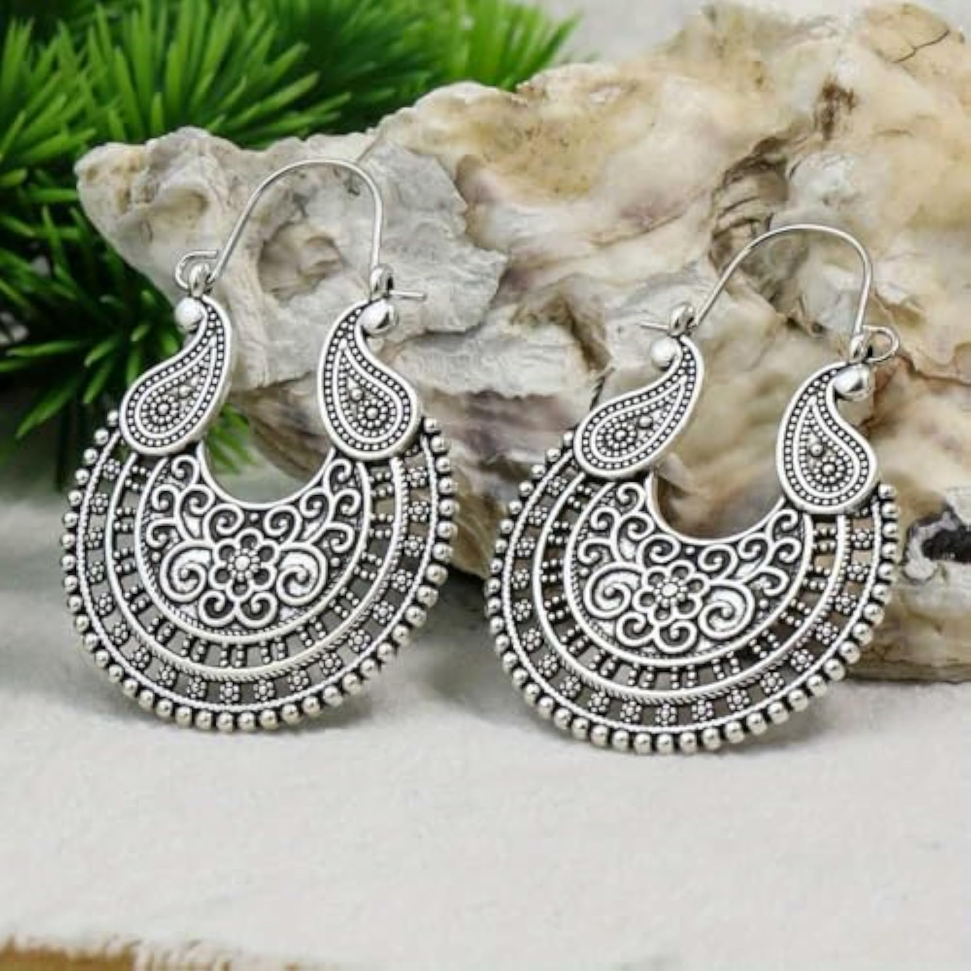 Vintage Carved Pattern Hoop Earrings, Ethnic Oxidized Earrings