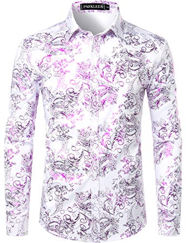 PARKLEES Men's Luxury Paisley Gold Shiny Printed Stylish Slim Fit Button Down Dress Shirt PZLCL18 White Purple S