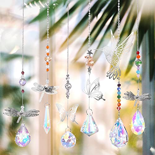 Crystal Sun Catcher, 7Pcs Colorful Crystals Ball Prisms Suncatcher Glass Pendants With Butterfly Dragonfly Hummingbird Hanging Ornament Window Rainbow Maker For Home, Office, Garden Decoration #TOP3