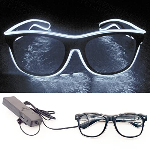 GCBTECH Lunette Led EL Neon Lumière Masque Lumineux Voix Contrôle Batterie Boîte Noir Cadre pour Fête Décorations, Anniversairet, Noël Party, Soirée de folie, Rave, Cosplay (Blanc) Cover