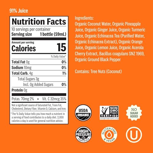 Suja Organic Immunity Defense Shot with Turmeric and Ginger, Immunity Boost & Support, Functional Shots, Cold-Pressed Juice with Live Probiotics, Plant-Based & Gluten-Free (2 Fl Oz)