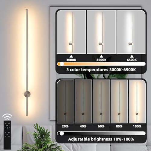 Image of Battery Operated Wall Sconces with Remote, Dimmable 3000K-6000K /Timer /Memory LED Wall Lamp, 350Rotate, USB Rechargeable Wireless wall lights for Living Room, Bedroom Brushed Nickel 39.3 inch (2 Pack)