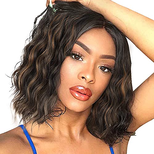 Bob Wavy Wig Short Dark Brown Color Bob Wigs For Women Middle Part Synthetic Hair Wigs Short Curly Hair Natural Looking Shoulder Length Wigs (14 Inch)