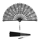 Abanico Plegable Vintage Negro de Encaje y Bambú - Accesorio para Bodas, Bailes de Gala y Fiestas - Decoración Pared o Requisito Fotos (Color Negro)