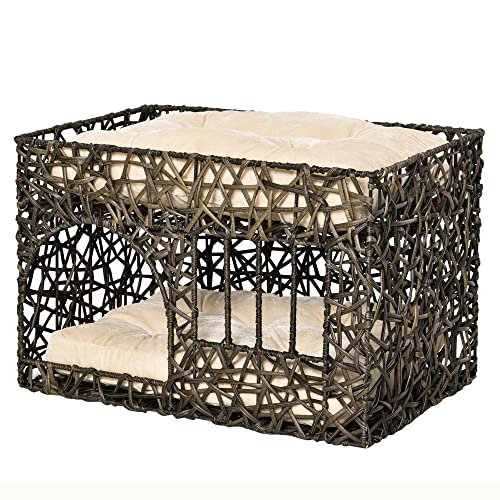 PawHut Cesta de Ratán para Gatos con 2 Cojines Suaves y Ventana de 2 Alturas Cama Cueva de Gatos 56x41x45 cm Café Oscuro