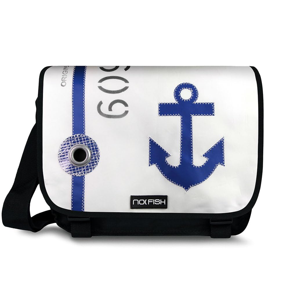 NO FISH Umhängetasche Sail Größe L - Anker blau, mit Überschlag aus original gebrauchtem Segeltuch (Upcycling)