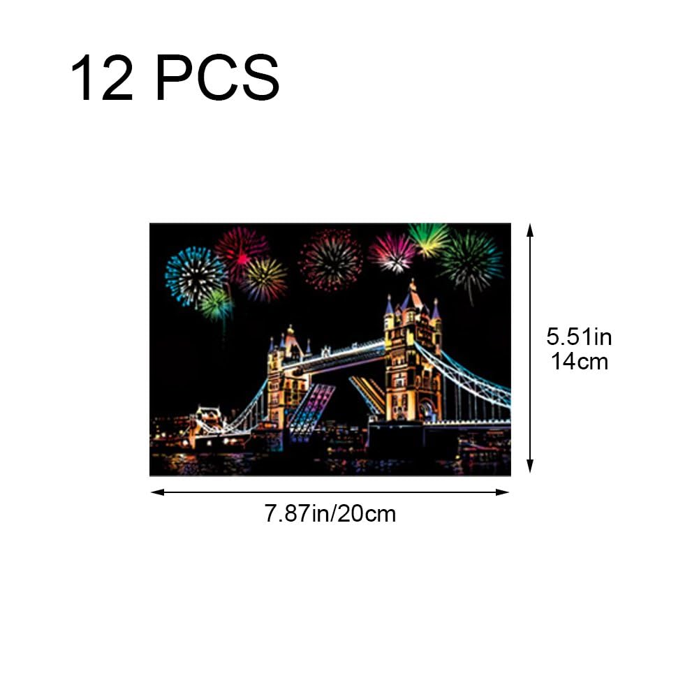 hzzsbu 12 Pcs Scratch Painting Rainbow Paper, Sketch DIY Art Craft City Series Night View Craft Gift, Scratchboard for Adults and Kids