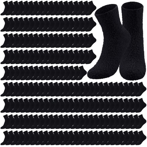Cuffbow 100 Pairs Bulk Fuzzy Socks for Men Women Cozy Slipper Fluffy Socks Bulk Warm Gifts for Homeless(Black)