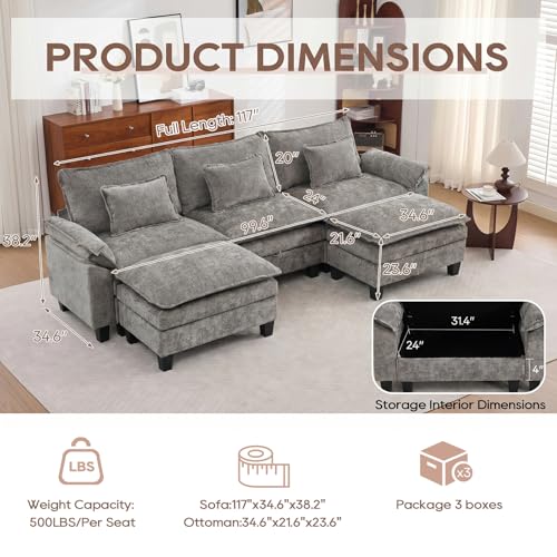 Image of IPKIG 117 inch Modular Cloud Couch with Storage, U Shaped Sectional Sofa with Ottoman & Pillow, Chenille Deep Seat Sectional Couches for Living Room, Apartment, Grey
