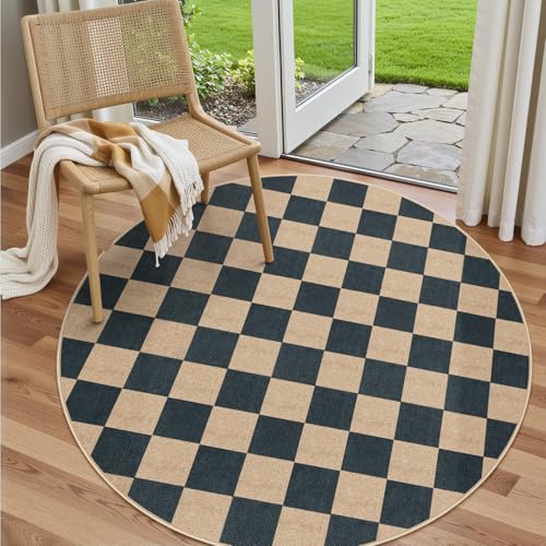 Lahome Checkered Easy Jute Outdoor Patio Area Rug 6ft Round, Washable Black