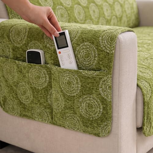 Image of STITCHNEST 'Opulence Series' Floral Woven Sofa Cover for 2 Seater | Premium Soft Fabric Sofa Protector | Green Circular Pattern with Tassel Edge Finish | Durable Living Room Furniture Cover