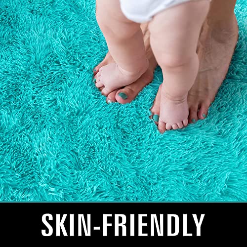 Image of Handmade 2 Inch Pile Height Super Soft Touch Export Quality Plain Shag Rectangular Carpets For Home Size 6 X 6 Feet Color Teal Blue