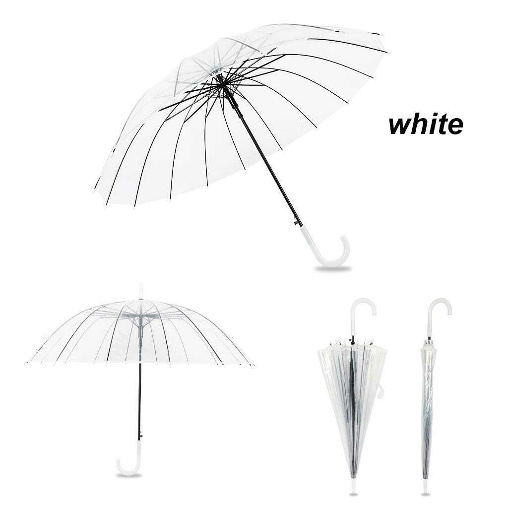 San 1pcs Longue Poignée 16 Os Transparent Parapluie Pluie, en Plastique À Long Manche Parapluie, Homme Femme Mode Parapluie Coupe-Vent, Parapluie Parasol Clair for Soirée De Mariage (Color : White)