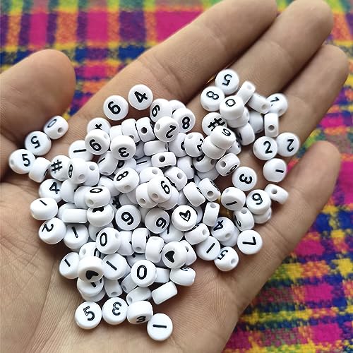 Amaney 600pcs White Acrylic Number Beads 0-9 Symbol # Heart with Storage Box 7x4mm