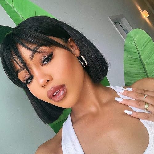 Nuxovin Lightweight Natural Color Short Bob Wigs Human Hair with Bangs, Capless Design (Natural Black,10 Inch)