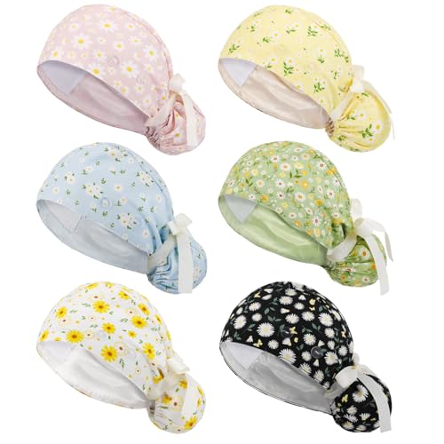 6 Pcs Scrub Caps Women Nurse Surgical Hat with Buttons Adjustable Bouffant Hats Working Cap Ponytail Holder Tie Back,Flower
