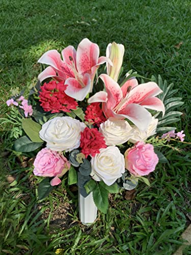Henomo Artificial Cemetery Flowers For Grave Vase， Headstone Silk Flower Arrangement, Graveside Decoration- Vibrant Pink Lily And Rose, Tombstone Memorial Bouquet With Vase #TOP3