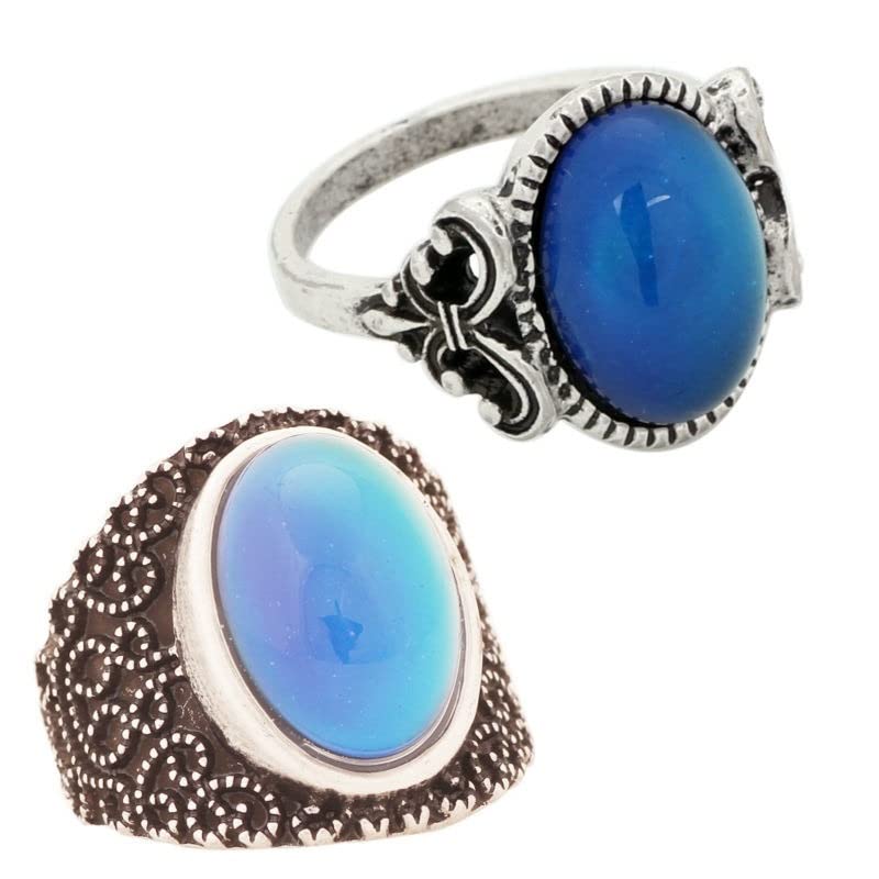 LOKILOKI 2 Uds Anillos De Estado De Ánimo Que Cambian De Color Chapados En Plata Antigua Que Cambian La Temperatura del Color Conjunto De Anillos De Sensación De Emoción para Mujeres/Hombres