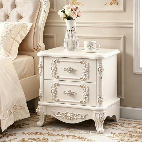 Chic French Country Nightstand with 2 Drawers, Rattan Nightstand, French Provincial Furniture Bedside Table, Bed Side Table with Carving for Bedroom, Living Room (White-Gold,48 * 40 * 8cm)