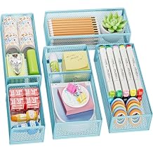 Marbrasse 5 Pack Desk Drawer Organizer Set, Mesh Drawer Storage Trays with 1 Adjustable Divider, Desk Organizers and Accessories, 5 PCS Drawer for Office Supplies, Makeup & Vanity Blue