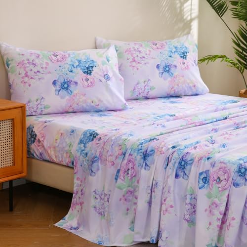 Image of JSD Purple Hydrangea Floral Sheet Set Cal King, 4 Piece Printed Microfiber Bed Sheets Deep Pocket