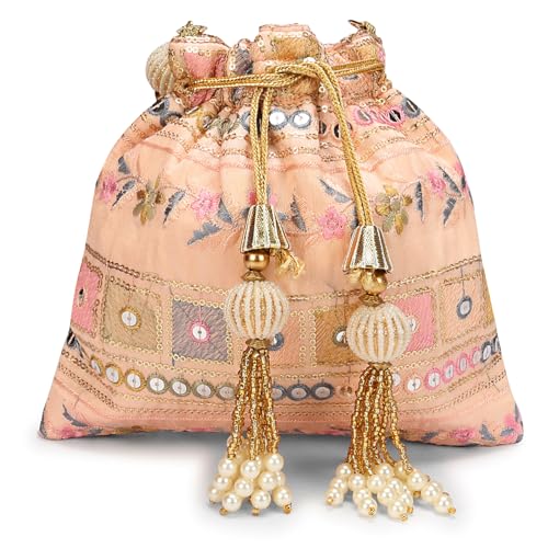 Image of LONGING TO BUY Indian Embroidered Pearl Potli Bag For Women, Sequence Design with Tassel, Wedding Potli Bags