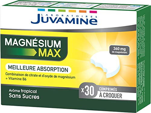 JUVAMINE - Magnésium MAX - Vitamine B6 - Fatigue - Contribue au Fonctionnement Normal du Système Nerveux et à une Fonction Musculaire Normale - Arôme Tropical - Sans Sucres - 30 Comprimés à Croquer