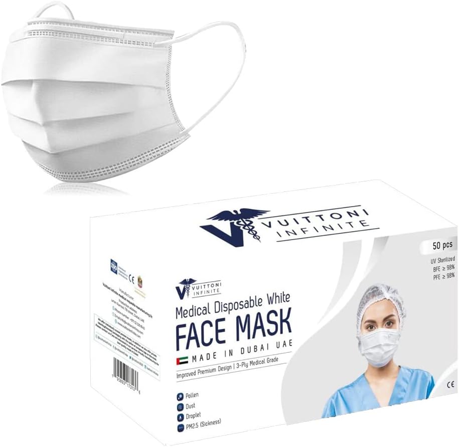 Vuittoni Infinite - Premium 3ply Face Mask - Medical Grade Face Mask - UV Sterilized - Itch Resistant - CE certified - Secure Fit to Face - Improved Design - BFE/PFE 98% - Made in UAE (White)
