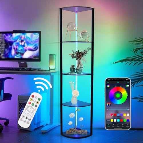 HERLLD LED Floor Lamp with Shelves, 5 Layers Dimmable Standing Lamp with APP and Remote Control, 6 Color Temperature, Modern Corner Display Shelf Unit Reading Lamp for Living Room Bedroom Office
