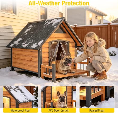 Aivituvin Beheizbare Hundehütte Outdoor für Draußen aus Holz mit Eisenrahmen und Veranda, Winterfestes Isoliertes Hundehaus mit Heizmatte und 6-Seiten-Isolierung, Braun