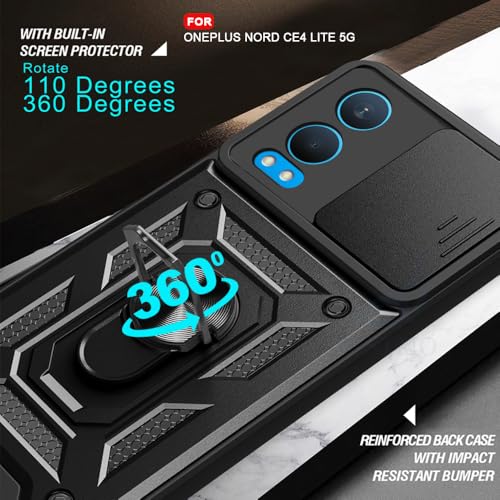 Image of AESTMO Tough Armor OnePlus Nord CE 4 Lite 5G Bumper Back Case Cover | Ring Holder & Sliding Camera Shield Cover | 360 Degree Protection Back Case Cover for OnePlus Nord CE 4 Lite 5G (Black)