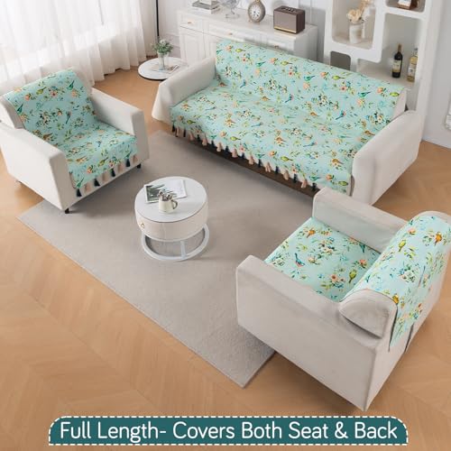 Image of HOKIPO Printed Holland Velvet Sofa Cover 5 Seater Set - 3+1+1 Sofa Cover with Tassel | Full Protection for Sofa Seat and Back | 'Whispers of Nature' | Mint Birdsong Blossom (IN-1127+1125-D3*2)