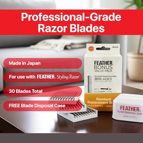 Feather Bonus Value Pack, Styling Razor Standard Blades - Professional Hair Cutting Blades for Styling, Shaping, Thinning - Single Edge Guarded Blade - Made in Japan -30 Counts +1 Blade Disposal Case