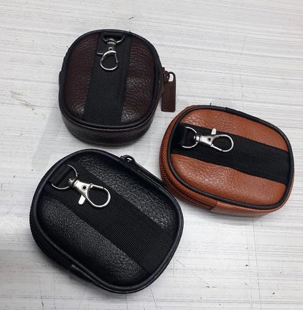 Image of AJM PU Leather Universal Zipper Pouch with Metal Hook | Earbuds, Coins, Keys, USB Cable & Charger Storage Case | Compact Travel Organizer Keychain Pouch (Light Brown)