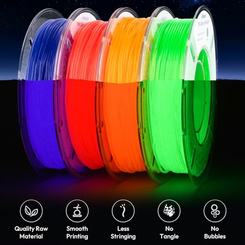 Image of AMOLEN 95A TPU Glow in the Dark Filament Bundle, Red, Orange, Blue Purple, Green 1.75mm Soft Flexible TPU 3D Printer Filament, Best with UV Lamp, 200g x 4 Pack, Luminous Filament for Halloween