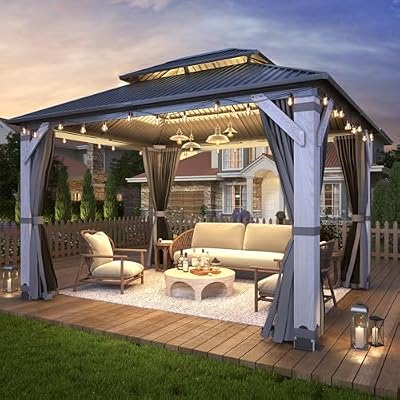GARTOO 10' x 12' Outdoor Wood Gazebo - Permanent Wooden Hardtop Gazebo Pavilion with Double Curtains, Galvanized Steel Roof Cedar Wood Gazebos for Garden, Poolside, Lawn, Backyard Deck