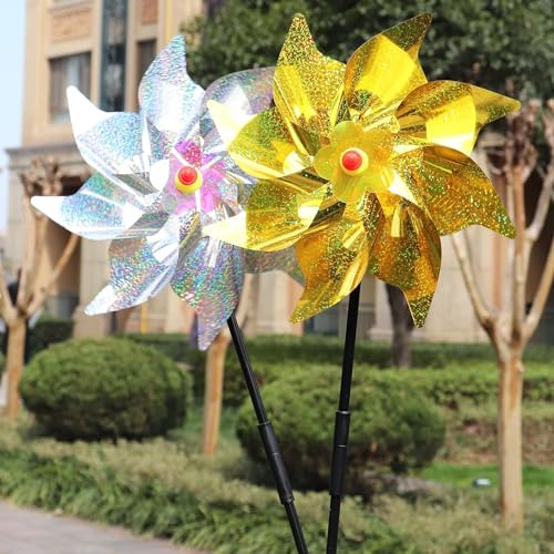 HADEEONG Sparkly Reflective Pinwheels with Stakes, Wind Spinners Outdoor Bird Scare Devices, Foil Pin Wheel Holographic Whirl Windmill for Yard Garden Decor Garden Wind Spinner 6 Packs - Gold