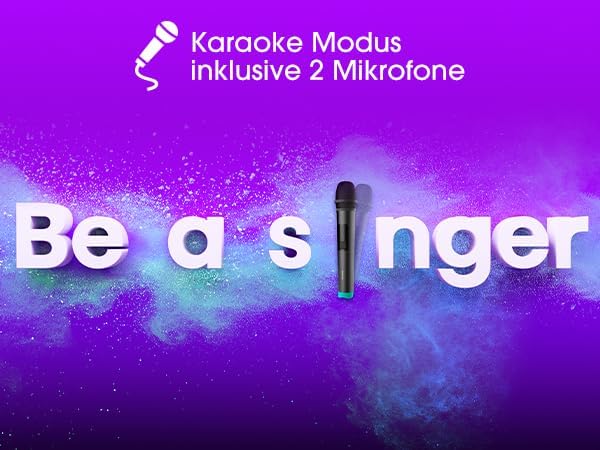 Graphic showing karaoke mode with two microphones