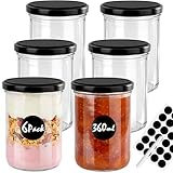 Otauoaea 6 Stück Marmeladengläser 360ml, Einmachgläser mit Schraubdeckel, Schraubgläser mit Etiketten & Stift, Spülmaschinenfest, Luftdicht, Gläser mit Deckel für Marmelade, Eingemachtes, Gewürze