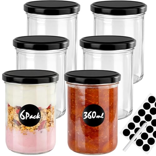 Otauoaea 6 Tarros Pequeños de 360ml, Botes Cristal Pequeños con Tapa Hermética, Tarro Cristal con Pegatinas y Bolígrafo, Tarros Cristal para Conservas, Postres, Miel, Especias