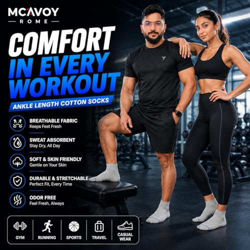 Image of MCAVOY ROME Ankle Length Cotton Socks Men & Women for Sports Unisex Multicolor Socks Ideal for Gym, Casual Wear & Running Odor Free,