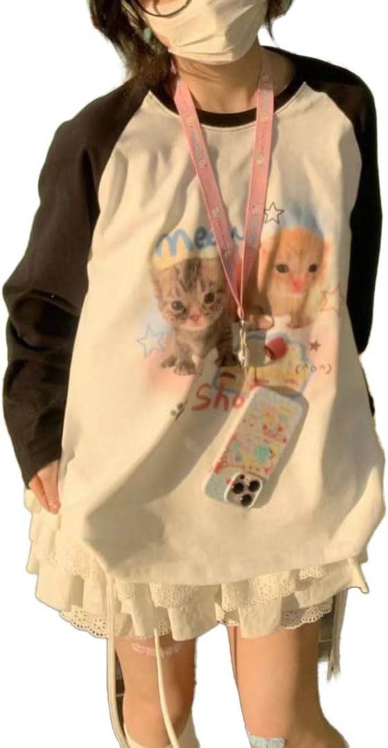 OATSBAS Y2K Cute Sweatshirts for Women Teen Girls Animal Print Long Sleeve Preppy Sweatshirt Kawaii Clothes