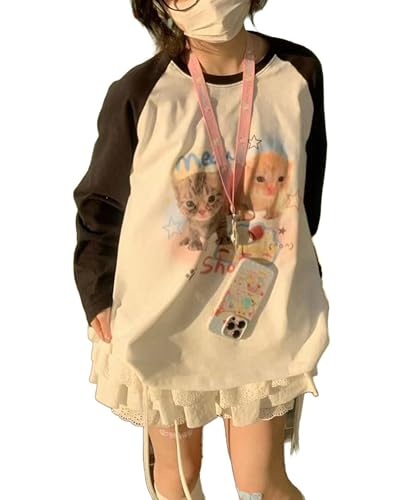 OATSBAS Y2K Cute Sweatshirts for Women Teen Girls Animal Print Long Sleeve Preppy Sweatshirt Kawaii Clothes - X-Large - Black