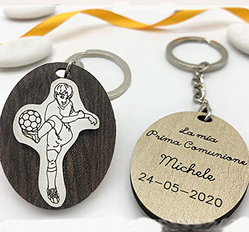Lot de 20 porte-clés en bois personnalisables avec pendentif ovale et footballeur, idées pour pense-bêtes, thème football, communion, anniversaire, sans personnalisation, avec boîte verte Cover