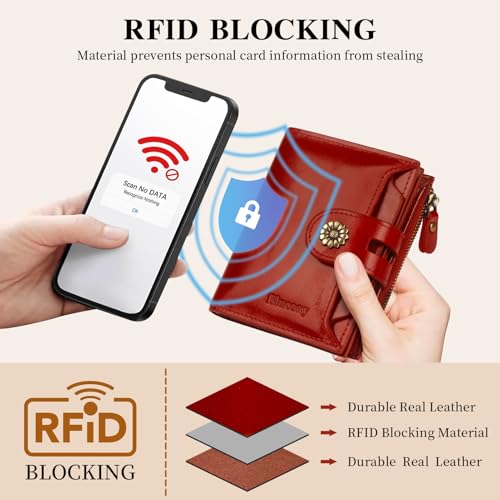 Image of Leather Wallet Women,RFID Blocking Womens Wallet Bifold Compact Card Holder Small Wallet for Women with Removable ID Window Winered