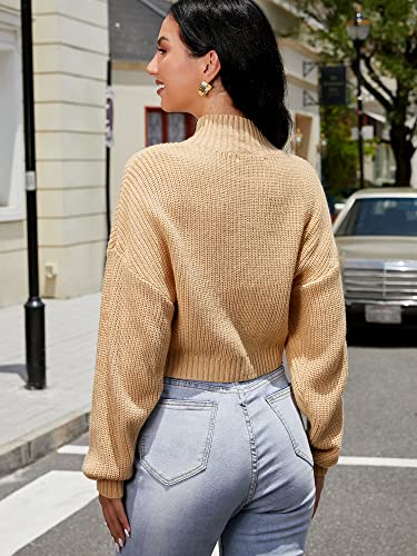 Image of ZAFUL Women's Cropped Turtleneck Sweater Lantern Sleeve Ribbed Knit Pullover Sweater Jumper