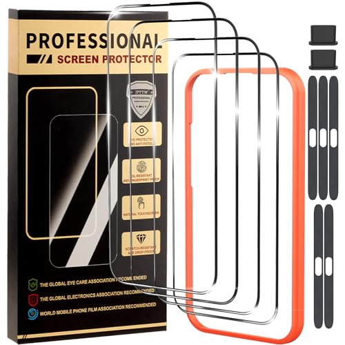 4-Pack for iPhone 16 Pro Screen Protector[6.3 Inch] for iPhone 15 Pro iPhone 14 Pro Optional with Mounting Frame,9h Tempered Glass, HD Clear, Scratch Resistant Case Friendly Ultra Resistant