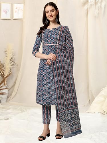 Image of MIRCHI FASHION Women's Straight Fit Cotton Ethnic Block Motif Printed Kurta Set with Dupatta and Trouser