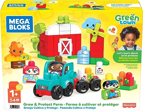 Mega Bloks First Builders Ville Verte, Ferme éco-Responsable, Jeu de Construction, 54 pièces Dont Gros Blocs et 3 Personnages, pour Enfants et bébés dès 1 an, HDL07