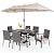 PHI VILLA 7 Pieces Patio Dining Set with Umbrella for 6, 60” Large Metal Iron Dining Table & Cushioned Rattan Wicker Chairs & 13ft Beige Umbrella for Patio, Deck, Yard, Porch